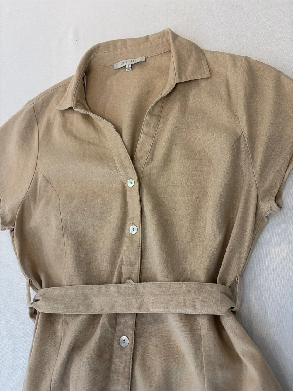 Love Tree Beige Short-Sleeve Collared Linen Blend Button Up Dress with Belt. S